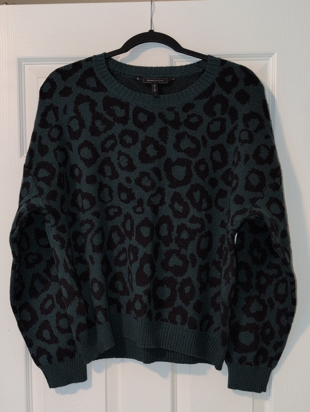 BCBG MaxAzria Forest Green and Black Leopard-Print Crewneck Sweater Sz. L